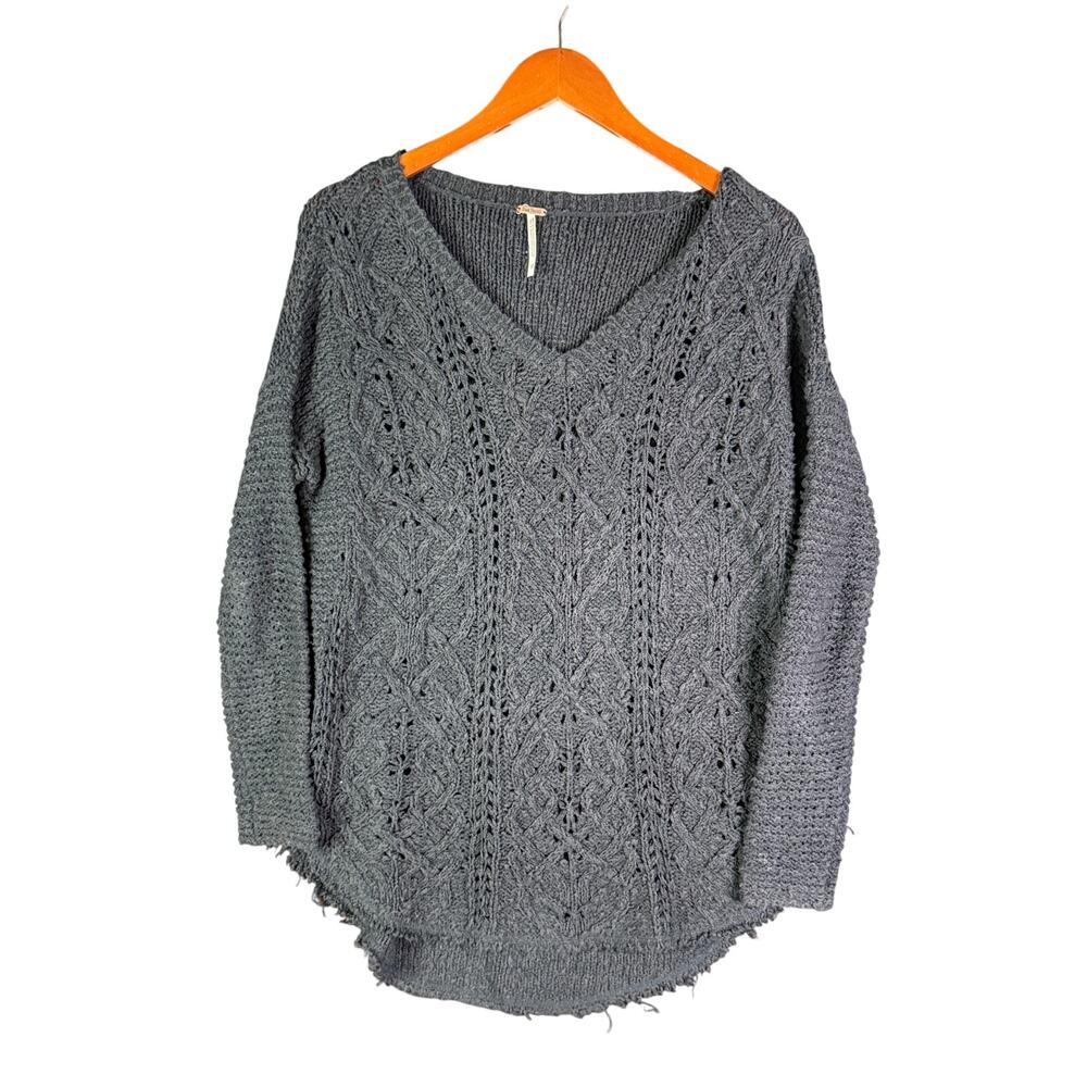 Free People V Neck Oversized Pullover Sweater Black Dark Gray Womens XS‎ Cotton